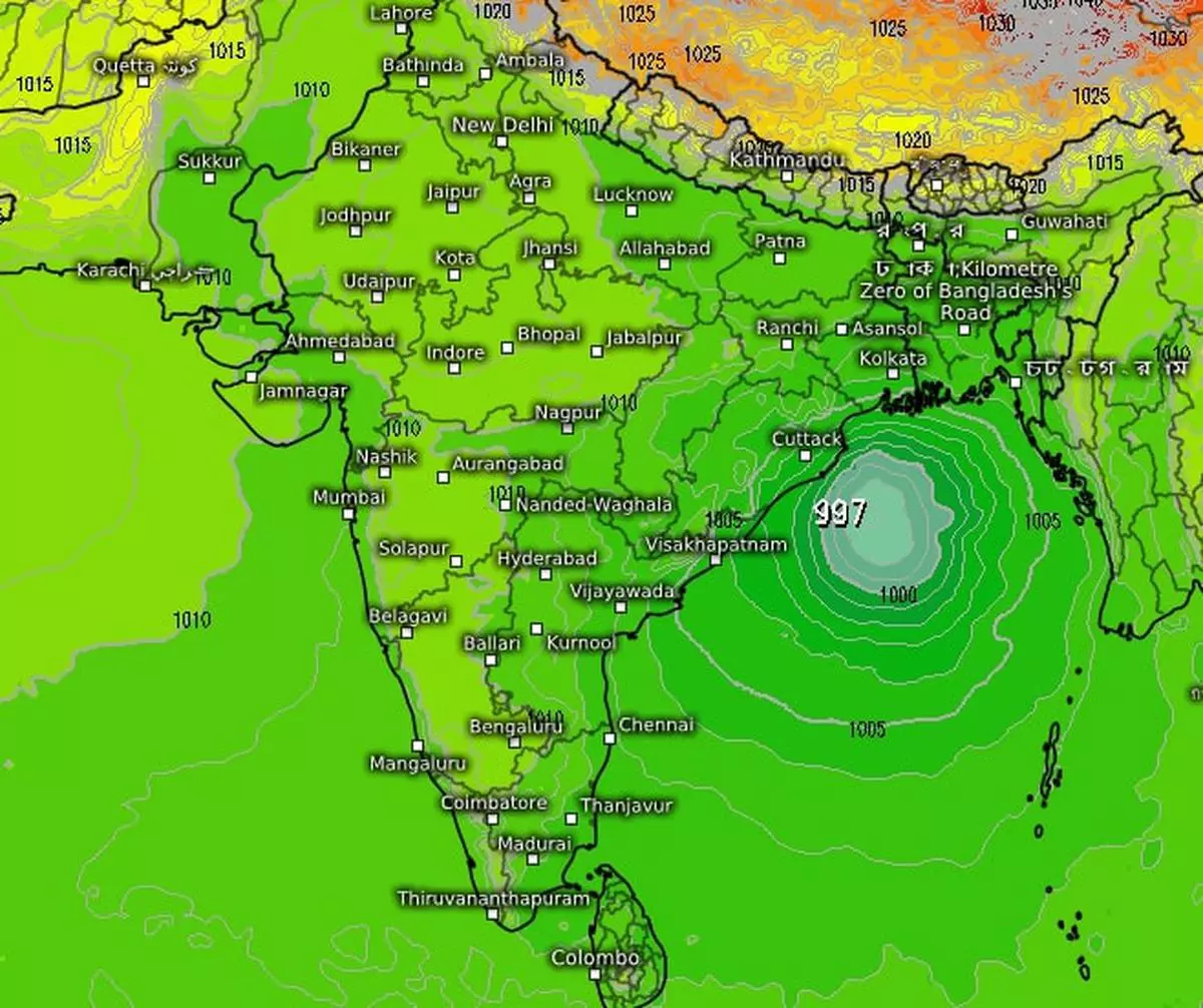 Projections by the European Centre for Medium-Range Weather Forecasts show the cyclone (plotted in blue and white circle) skipping the Tamil Nadu and Andhra Pradesh coast and propelling towards Odisha-West Bengal. India Meteorological Department (IMD) guides it to West Bengal-Bangladesh.