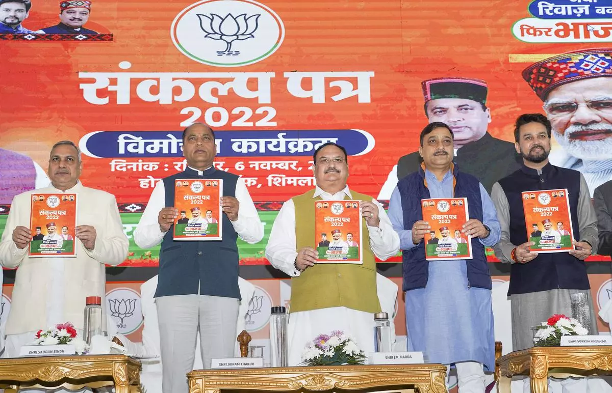 BJP National President JP Nadda, Union Minister Anurag Thakur, Himachal Pradesh Chief Minister Jai Ram Thakur and others release BJP’s manifesto for the upcoming Himachal Pradesh Assembly elections in Shimla on November 6, 2022. 