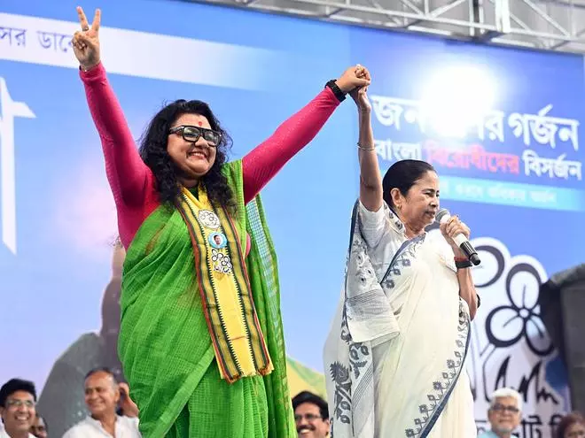 West Bengal Chief Minister Mamata addresses a public meeting in support of Trinamool Congress (TMC) candidate from Bishnupur constituency Sujata Mondal for the Lok Sabha polls, in Bankura on Saturday.  