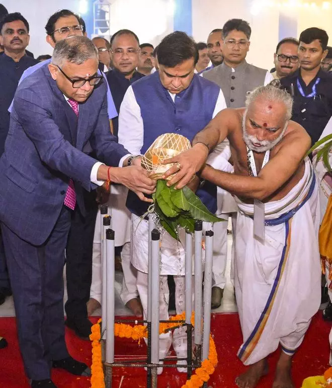 Assam Chief Minister Himanta Biswa Sarma and Chairman of Tata Sons Limited N Chandrasekaran offer prayers during the ‘Bhumi pujan’ for the ₹27,000 crore semiconductor assembly and test facility at Jagiroad, in Morigaon district, Saturday, Aug. 3, 2024.  