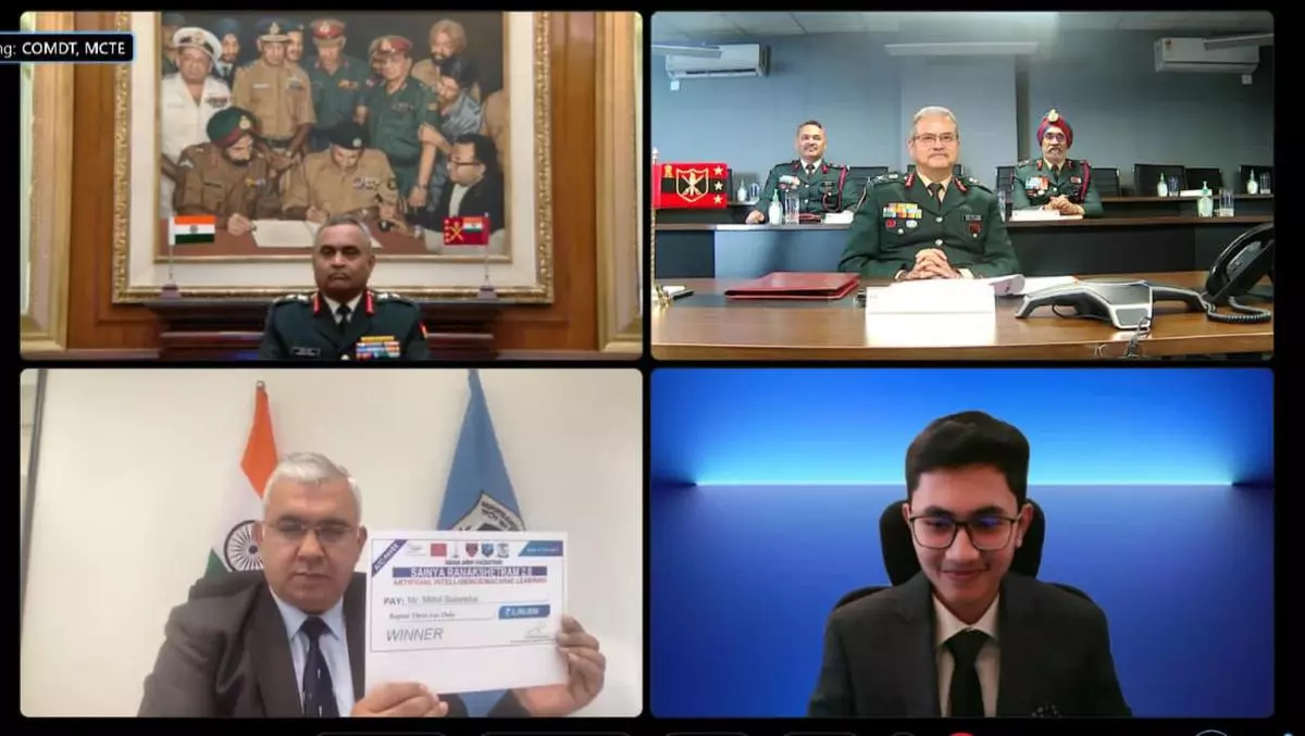 Mithil Salunkhe (right bottom), a 15-year-old class 10 student at Gyan Mata Vidya Vihar, Nanded, Maharashtra has come first in AI/ machine learning category. Army chief General Manoj Pande (left top) is seen attending the virtual ceremony