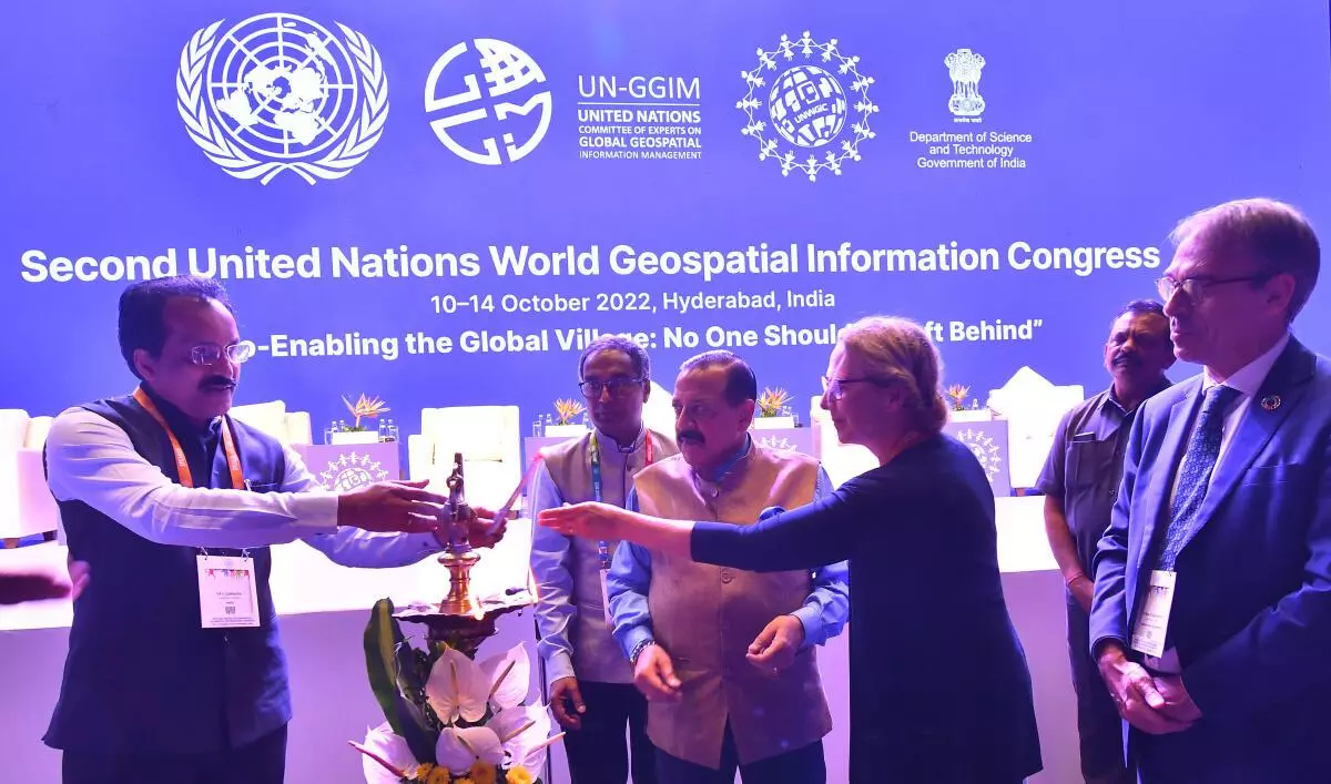 Union Minister of State for Science & Technology (I/C) Jitendra Singh along with Secretary, Department of Space S. Somanath (left), Secretary, Department of Sciences and Technology, Dr. Srivari Chandrasekhar, Co-chair of UN-GGIM, Kingdom of Belgium, Ingrid Vanden Berghe and Director of the Statistics Division (UNSD/DESA) Stefan Schweinfest during the inaugural of the second United Nations World Geospatial Information Congress (UNWGIC), in Hyderabad on Tuesday, October 11, 2022. 