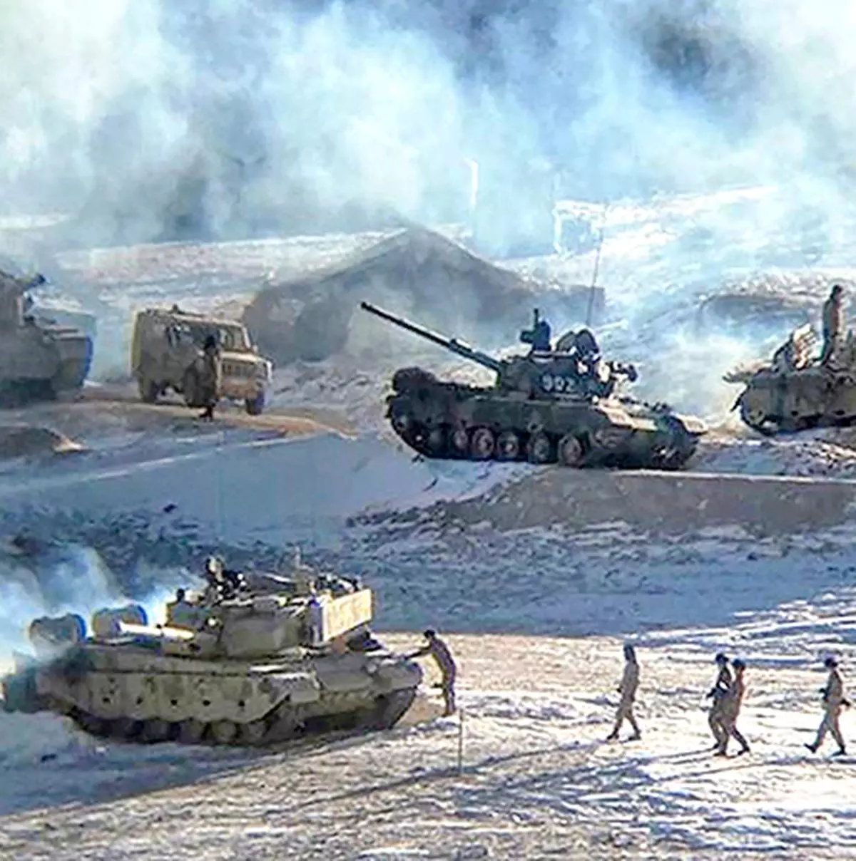 In this undated handout photograph released by the Indian Army on February 16, 2021, shows People Liberation Army (PLA) soldiers and tanks during military disengagement along the Line of Actual Control (LAC) at the India-China border in Ladakh