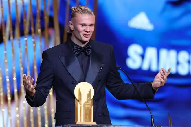 Erling Haaland of Manchester City after being presented with the Gerd Muller Award.