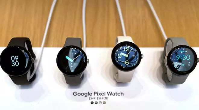 New Google Pixel watches are displayed at a launch event 