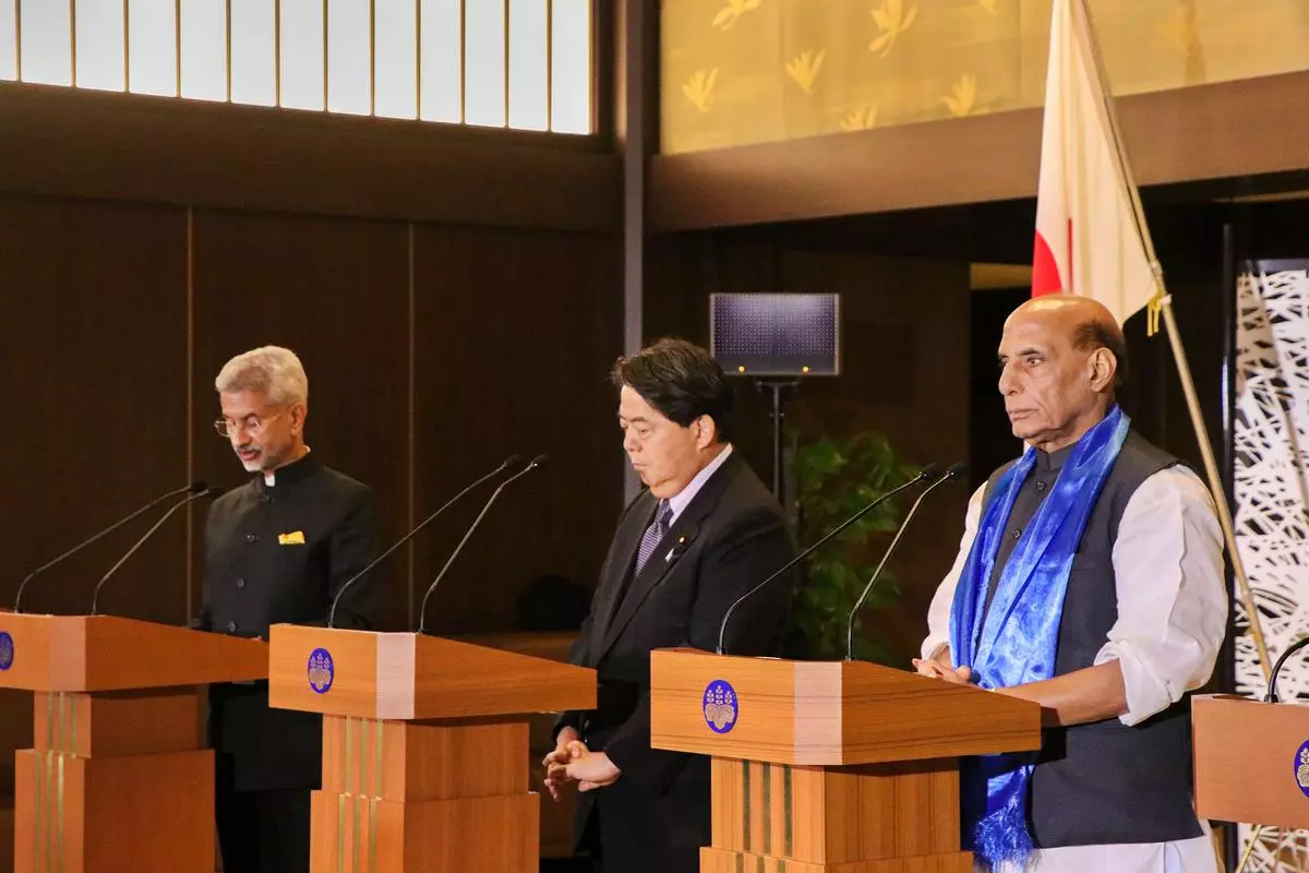 Defence Minister Rajnath Singh, External Affairs Minister S Jaishankar and Japan Minister of Foreign Affairs Yoshimasa Hayashi during the release of a joint press statement after India-Japan 2+2 Ministerial Dialogue, in Tokyo, on Thursday 