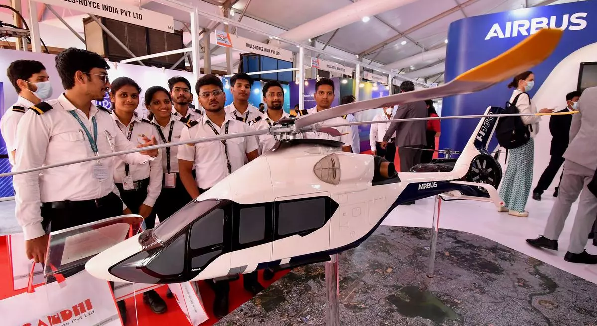 Visitors at the Airbus Helicopter stall during Wings India 2022, Asia’s largest civil aviation show by the Ministry of Civil Aviation at Begumpet Airport in Hyderabad
