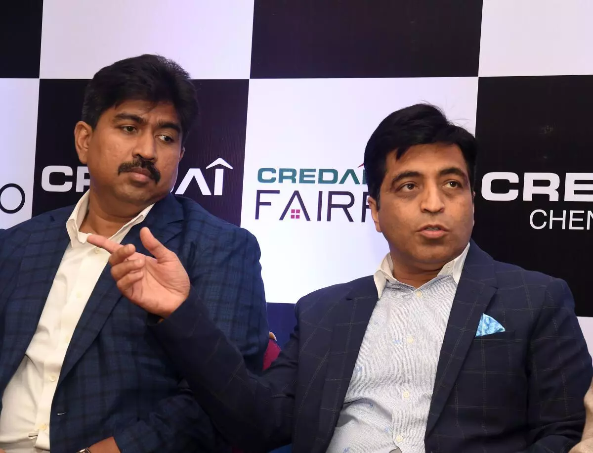Padam Dugar, President, CREDAI Chennai and convenor, Credai Fair Pro 2022 and Arun MN, ( left), MD, Casa Grande at a press conference in Chennai on Friday, February 25, 2022