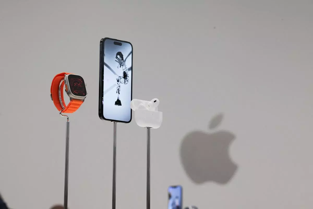 New products including the Apple Watch Ultra, iPhone 14 and Airpods pro 2 on display at the Apple event at their headquarters in Cupertino, California.