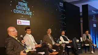 (From left) Venkatesha Babu, Chief of Bureau - Bengaluru, businessline, with Rajeev Singh, VP and Business Head, Midmarket and Emerging Business, Indian Subcontinent, SAP India Pvt Ltd; Siddhesh Naik, Country Leader, Data, AI & Automation Software, Technology Sales, IBM India and South Asia; Samik Roy, ED, Corporate, Medium and Small Business, Microsoft India; and Rajat Shikhar, co-founder and CPO, Dealshare, at a panel discussion on ‘Leveraging Cloud and AI for digital transformation in MSMEs’ at businessline’s MSME Growth Conclave in Bengaluru on Tuesday (From left) Venkatesha Babu, Chief of Bureau - Bengaluru, businessline, with Rajeev Singh, VP and Business Head, Midmarket and Emerging Business, Indian Subcontinent, SAP India Pvt Ltd; Siddhesh Naik, Country Leader, Data, AI & Automation Software, Technology Sales, IBM India and South Asia; Samik Roy, ED, Corporate, Medium and Small Business, Microsoft India; and Rajat Shikhar, co-founder and CPO, Dealshare, at a panel discussion on ‘Leveraging Cloud and AI for digital transformation in MSMEs’ at businessline’s MSME Growth Conclave in Bengaluru on Tuesday