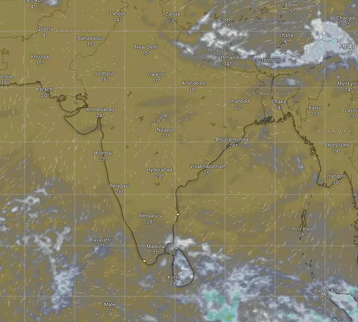 North-West India remains cloudless on Monday morning representing cold but sunny conditions while clouds from the Bay of Bengal are seen drifting towards Sri Lanka and South-East Tamil Nadu as depicted by satellite pictures.