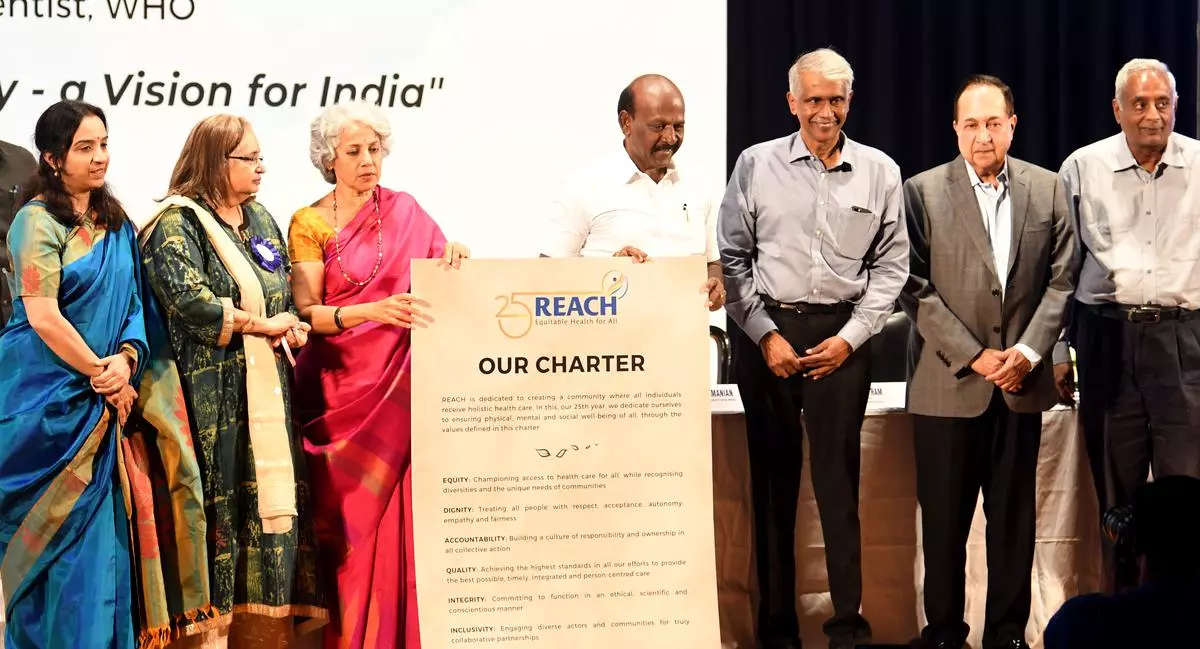 Ma Subramanian, Minister for Health, TamilNadu unveiled the new logo for REACH during the 25th year commemoration held in Chennai on Friday.  (from left) Ramya Anantakrishnan, Director, REACH;  Nalini Krishnan, Executive Secretary & Co-Founder, REACH;  Soumya Swaminathan, Former Chief Scientist, WHO;  Sivamurugan, REACH Executive Committee;  N Ram, Director, The Hindu Publishing Group;  and Rajevan Krishnaswamy, President, REACH Executive Committee