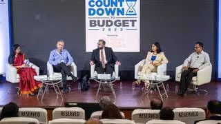 (from right) Nilesh Shah, MD of Kotak Mahindra Asset Management;  Rajani Sinha, Chief Economist at CareEdge;  Aurodeep Nandi, Vice-President and India Economist, Nomura; Madan Sabnavis, Chief Economist at Bank of Baroda; and Lokeshwarri SK, Data Editor, businessline, at the panel discussion during the businessline Countdown to Budget 2023  at National Stock Exchange in Bandra, on Friday.    