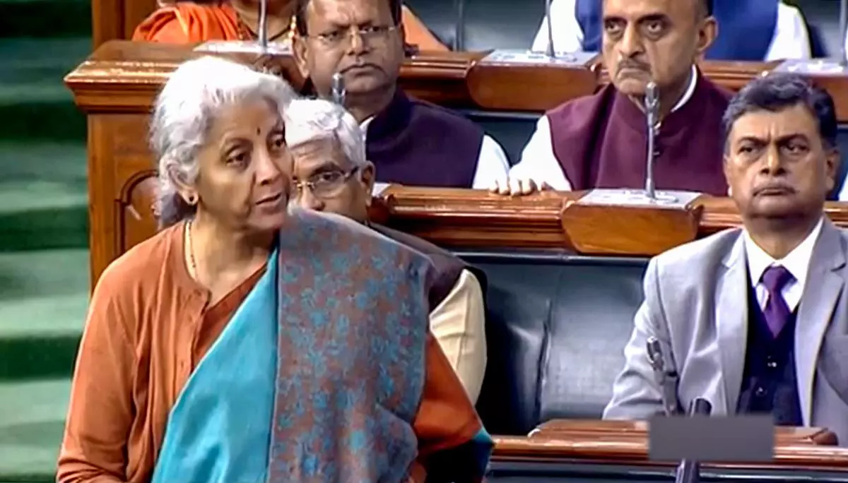 New Delhi: Finance Minister Nirmala Sitharaman speaks in the Lok Sabha on the first day of Budget Session of Parliament, in New Delhi, Tuesday, Jan. 31, 2023. (PTI Photo)