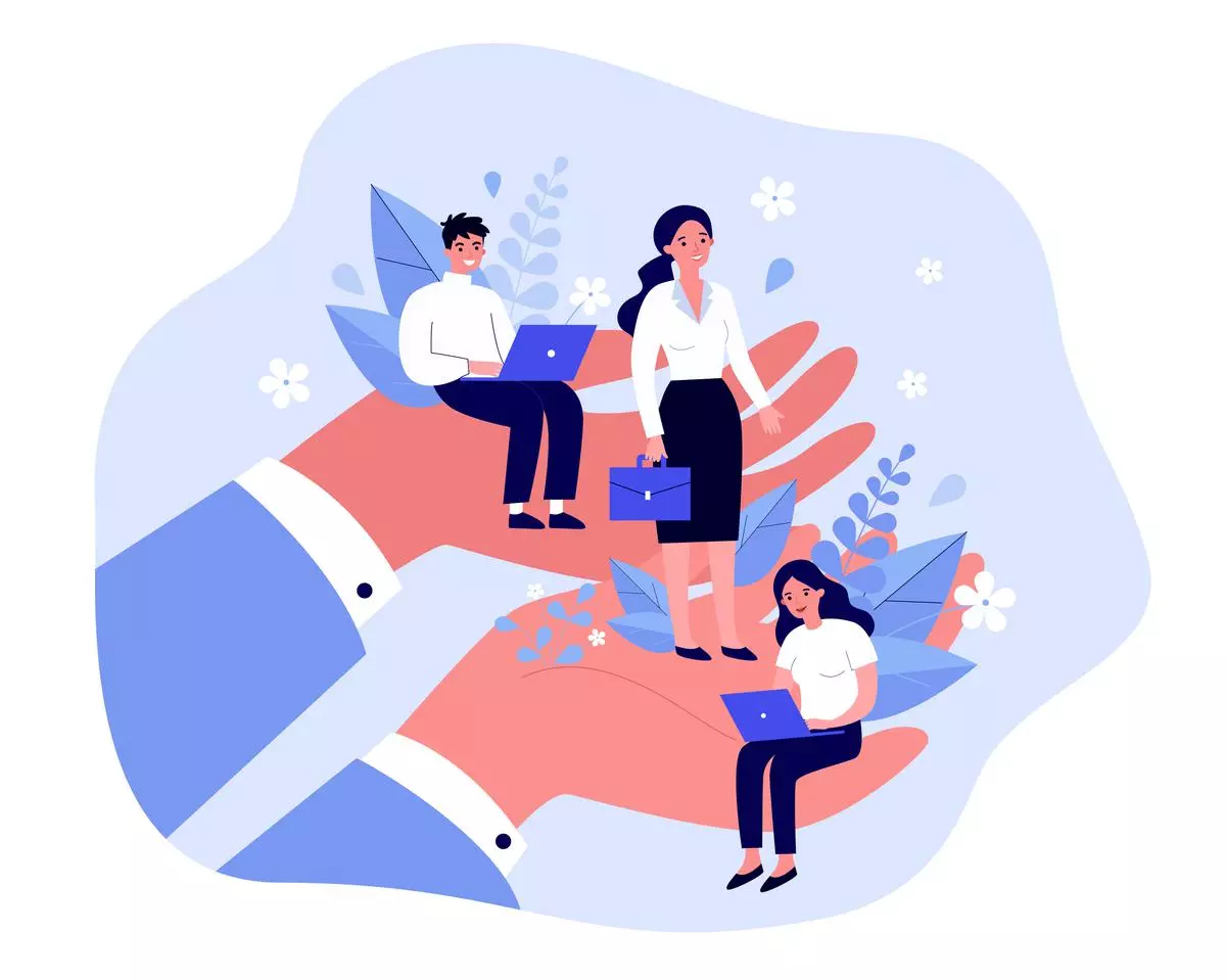 Employees care concept. Giant human hands holding and supporting tiny business professionals. Vector illustration for trade union, corporate insurance, employees wellbeing, benefits topics istock photo for BL