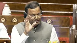 Minister of State in the Finance Ministry Pankaj Chaudhary speaks in the Rajya Sabha during the Budget Session, in New Delhi on Tuesday. 