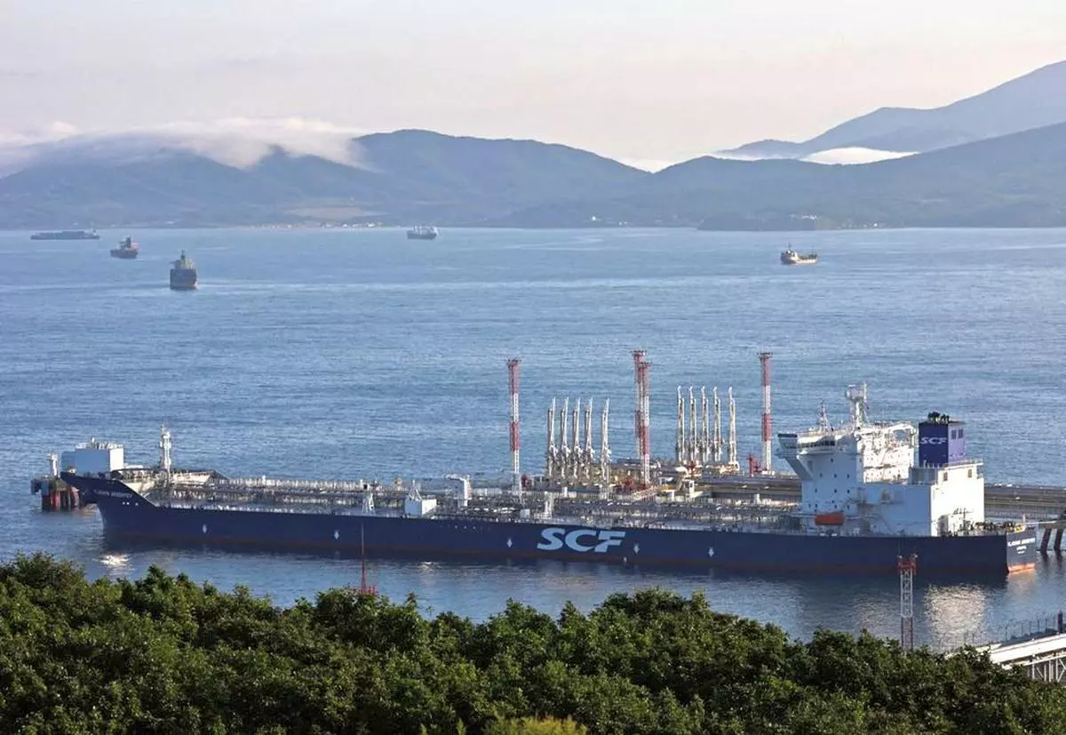 An aerial view shows the Vladimir Arsenyev tanker at the crude oil terminal Kozmino on the shore of Nakhodka Bay near the port city of Nakhodka, Russia. 