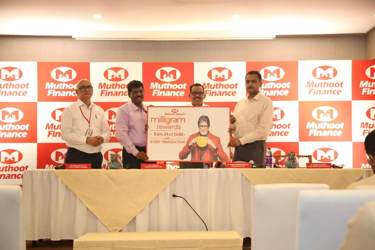 Babu John Malayil - Deputy General Manager, K.R. Bijimon - Executive Director & COO, George Alexander Muthoot - Managing Director, Oommen K Maman - CFO, Muthoot Finance at the launch of Milligram Gold Point programme in Kochi