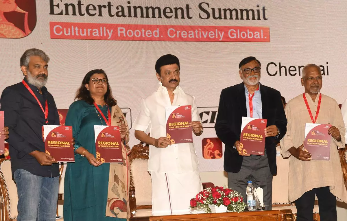SS Rajamouli, Director; Suchitra K Ella, Chairperson, CII Southern Region; M.K. Stalin, Tamil Nadu Chief Minister; T.G.Thyagarajan, Chairman, CII Dakshin and Mani Ratnam, Director at the release of the CII Southern Region report  ` Regional is the new National- Way forward for the South Indian Media and Entertainment Industry’ at the CII Dakshin South India Media and Entertainment Summit in Chennai on Saturday 