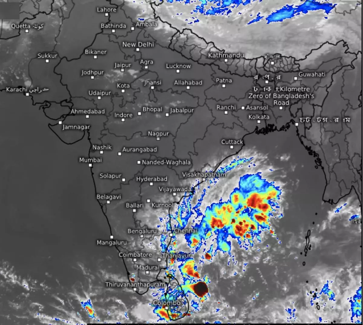 Thunderstorms farm out to the North of the low-pressure area of the Tamil Nadu and Andhra Pradesh coasts on Thursday evening as the weather system prepares to intensify over the next couple of days.