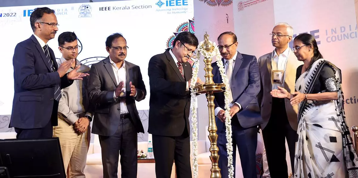 Deepak Mathur, Director, IEEE Region 10, Asia-Pacific inaugurating ‘Indicon 2022. S.M Sameer,Snehil Kumar Singh, Director, IT Mission, K.N Madusoodanan, Vice Chancellor,CUSAT, K.R Suresh Nair, Chair, IEEE India Council,
 K.V.S Hari and Mini Ullanat, Chair, IEEE Kerala also seen. 