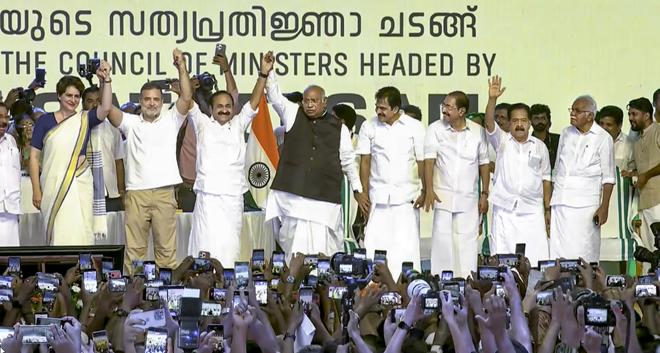 Kerala Chief Minister-designate VD Satheesan, LoP in Lok Sabha Rahul Gandhi, Congress President Mallikarjun Kharge, party MPs Priyanka Gandhi Vadra, KC Venugopal and others during the swearing-in ceremony of the state government, in Thiruvananthapuram, Monday, May 18, 2026 Kerala Chief Minister-designate VD Satheesan, LoP in Lok Sabha Rahul Gandhi, Congress President Mallikarjun Kharge, party MPs Priyanka Gandhi Vadra, KC Venugopal and others during the swearing-in ceremony of the state government, in Thiruvananthapuram, Monday, May 18, 2026