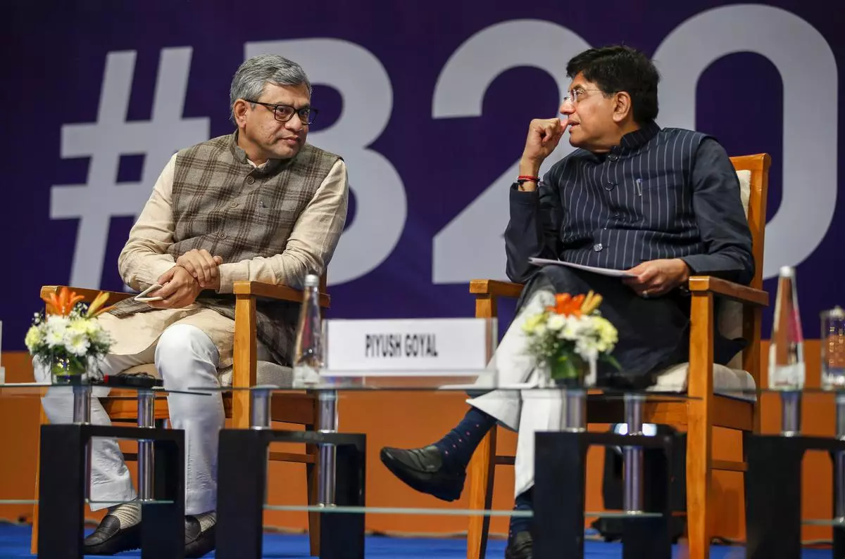 Union Minister for Railways and Communication Ashwini Vaishnaw (left) with Union Minister for Commerce and Industry Piyush Goyal during the opening session of B20 India Inception Meeting, in Gandhinagar, on Monday 