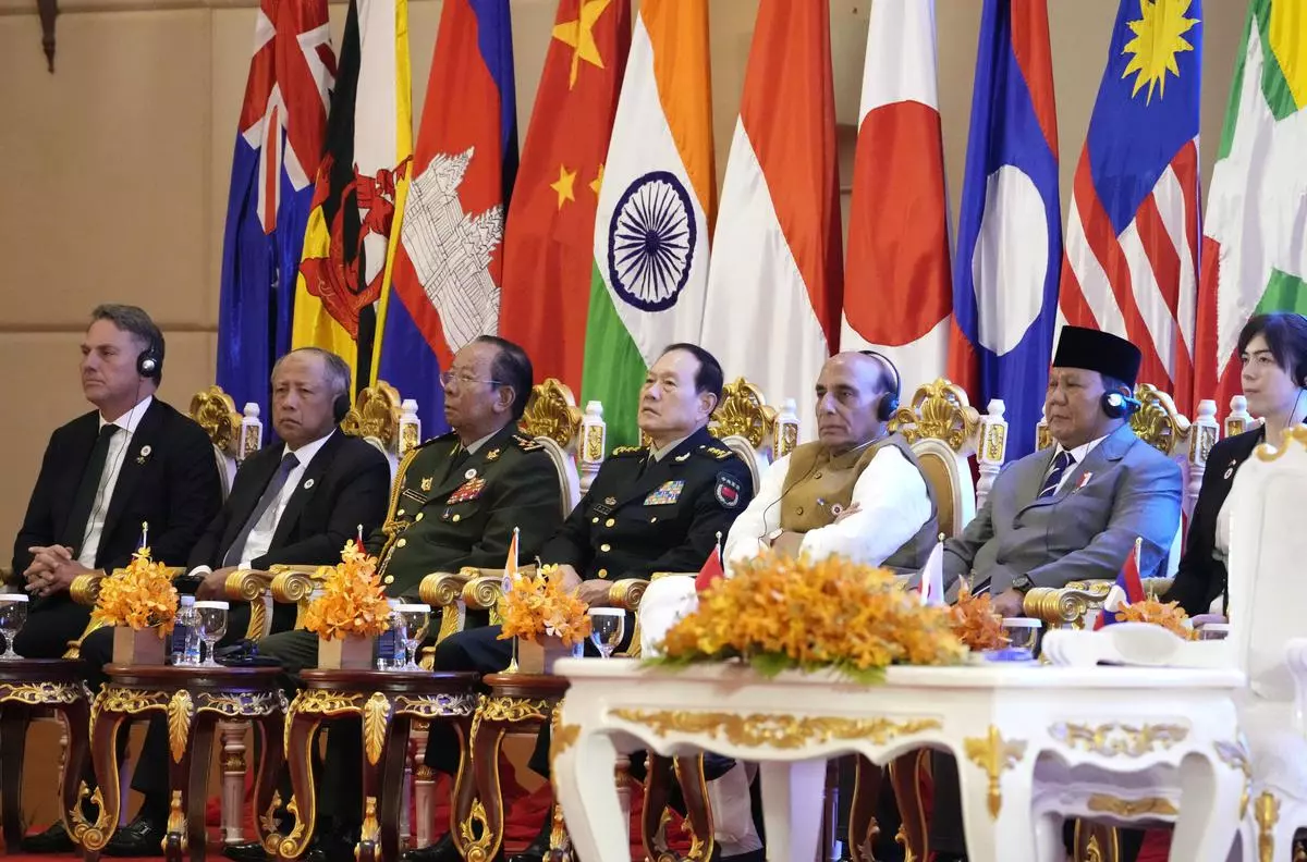 (From left to right), Australian Deputy Prime Minister of Australia and Minister of Defence Richard Marles MP; Brunei’s Minister at the Prime Minister’s Office Halbi bin Mohammad Yussof; Cambodia’s Defence Minister Tea Banh;  Wei Fenghe, Chinese State Councillor and Minister of National Defence; Rajnath Singh, Defence Minister; Prabowo Subianto, Indonesian Minister of Defence; and Kimi Onoda, Japan’s Parliamentary Vice-Minister of Defense at the ASEAN Defence Ministers’ Meeting Plus in Siem Reap, Cambodia on November 23