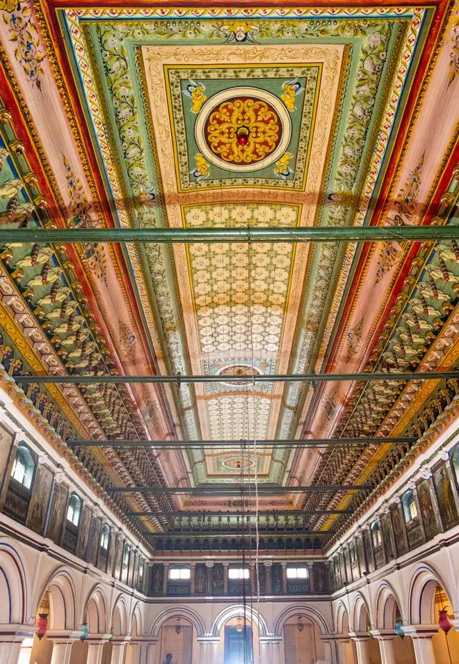 Lakshmi Vilas, which has been restored, has beautiful paintings on the walls and roofs Lakshmi Vilas, which has been restored, has beautiful paintings on the walls and roofs