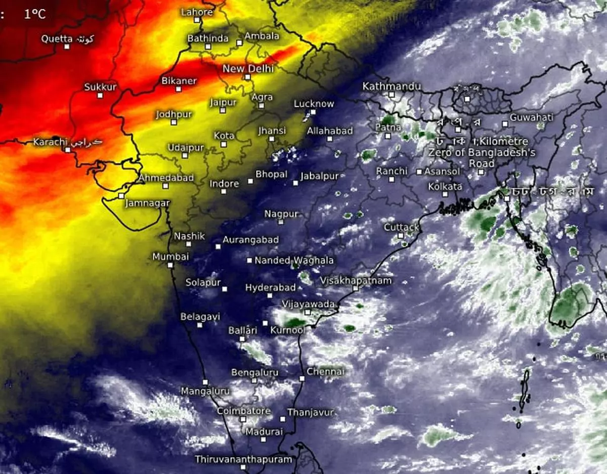 Satellite water vapour imagery on Monday morning shows the monsoon withdrawal (in red and orange) regime over North-West India, but it could get shrunk from rains emanating from a building rain system (white and green) in the Bay of Bengal next week.