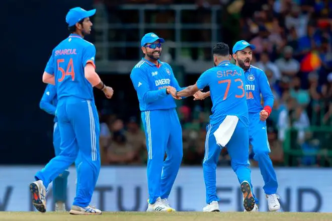 India’s Mohammed Siraj with teammates celebrates the wicket during the Asia Cup final cricket match between India and Sri Lanka, in Colombo. India’s Mohammed Siraj with teammates celebrates the wicket during the Asia Cup final cricket match between India and Sri Lanka, in Colombo.