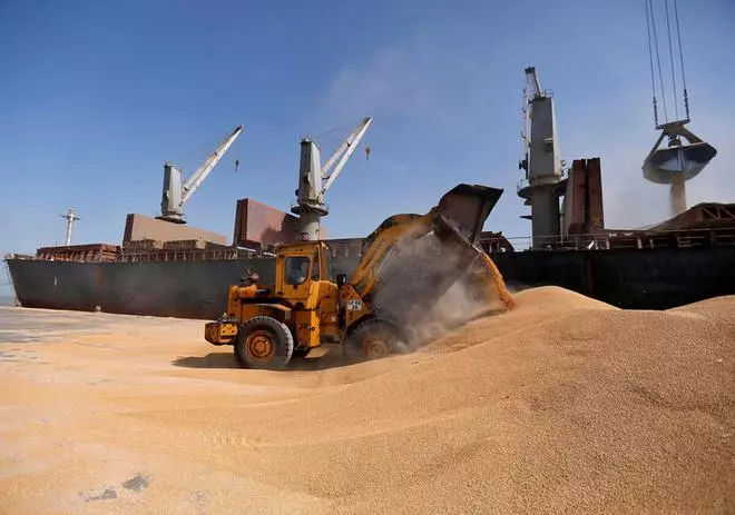 FILE PHOTO: A dozer unloads wheat next to a ship at Mundra Port, one of the ports operated by Adani Ports and Special Economic Zones of India Ltd, in Gujarat state, western India April 1, 2014. 
