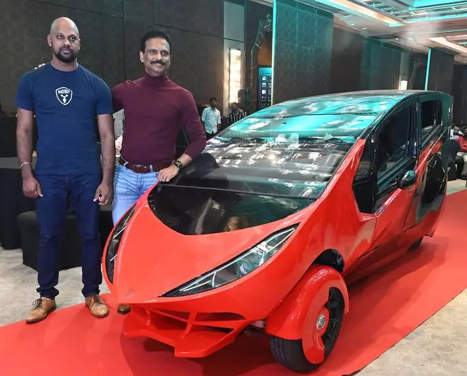 Gopi Raja Selvakumar and Suresh Sambandam, Co-founder's of Bad Boy at the unveiling of the prototype EV vehicle.
Photo : Bijoy Ghosh
To go with Raja Simhan's report