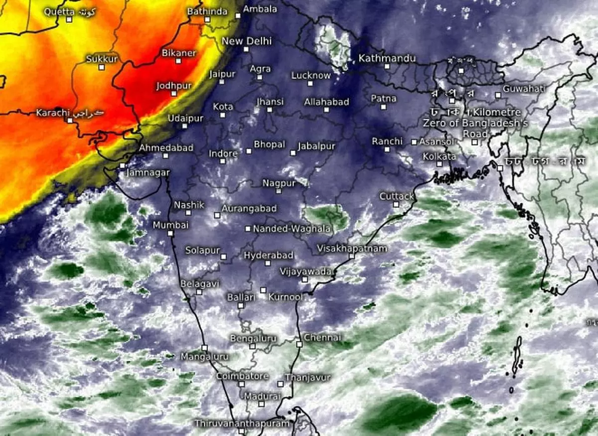 Satellite map shows dryness confined to Rajasthan, Punjab and parts of North Gujarat on Thursday morning as the monsoon covers the South, Central and East India. 
