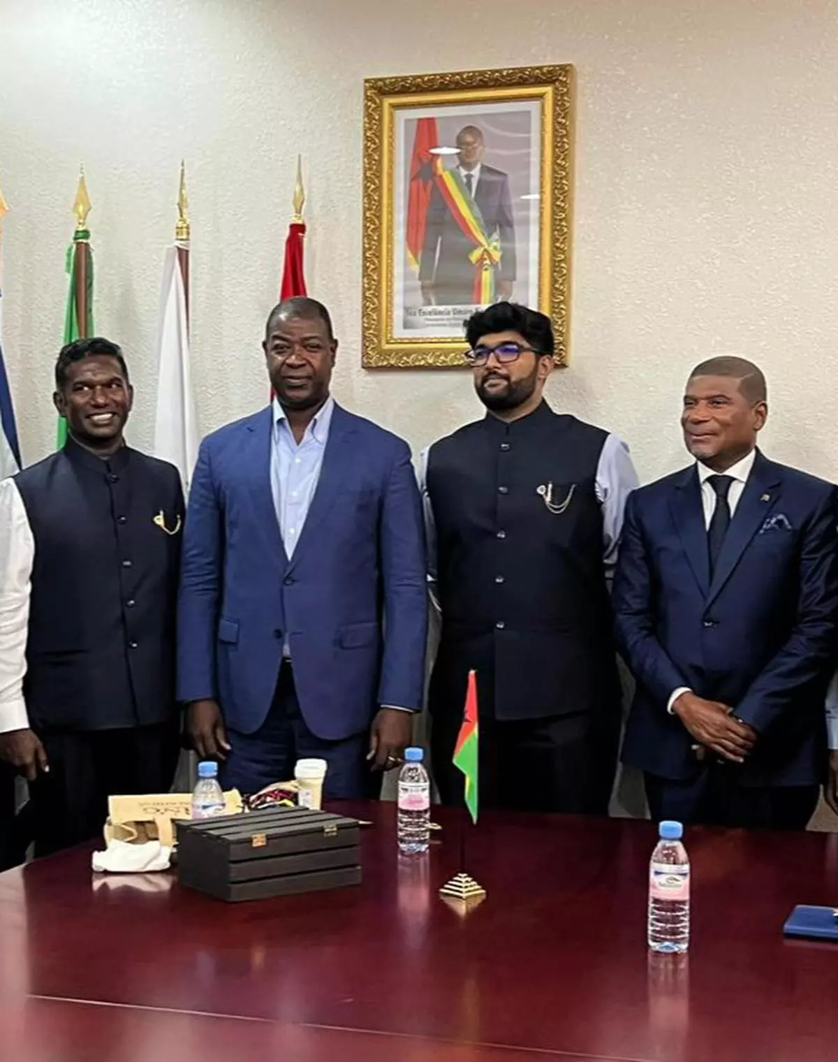 From left, J Rajmohan Pillai, Chairman, Beta Group, Nuno Gomes Nabiam, Prime Minister of Guinea-Bissau, Rajnarayanan R Pillai, Director, Beta Group and Fernando Vaz, Minister of Tourism, Guinea at the Prime minister’s office at Bissau.