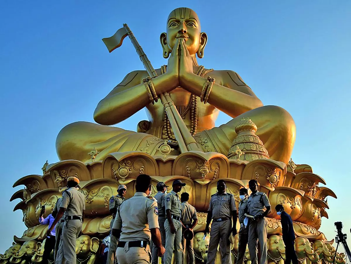 HYDERABAD, TELANGANA: Special Protection Group (SPG), and Cops inspecting the venues the premises of the Statue of Equality, a 216 foot tall statue of 11th century social reformer and saint Ramanujacharya at Muchintal on the outskirts of Hyderabad on Friday, February 04, 2022, in preparation for the visit by the Prime Minister Narendra Modi who is scheduled to dedicate the statue to the world to mark the 1000th birth anniversary of the Vaishnavite saint on February 5. Photo: NAGARA GOPAL / The Hindu