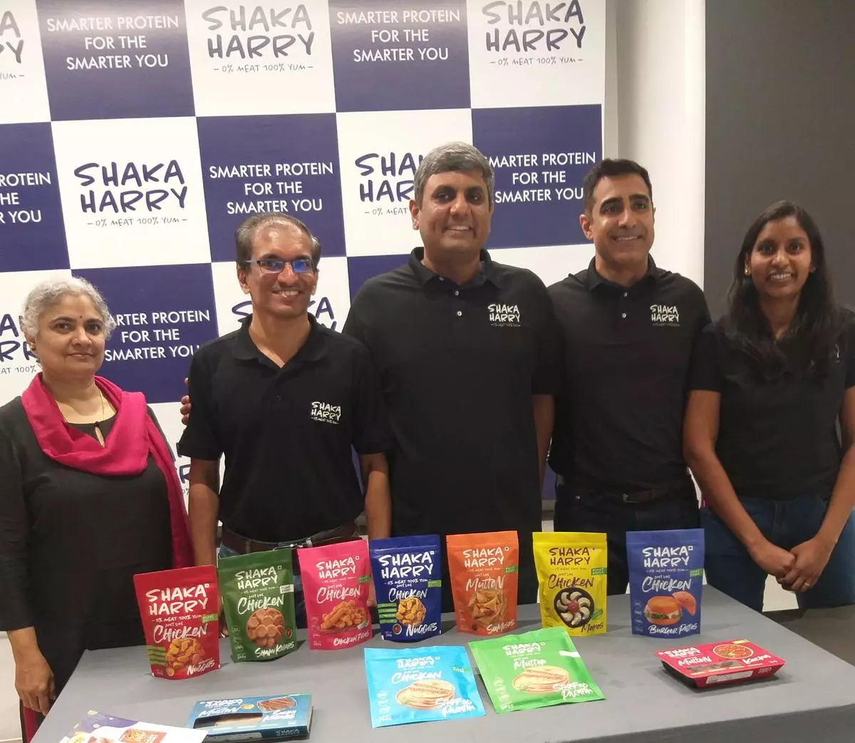 Founding team of Shaka Harry with their ready-to-eat plant-based meat product range