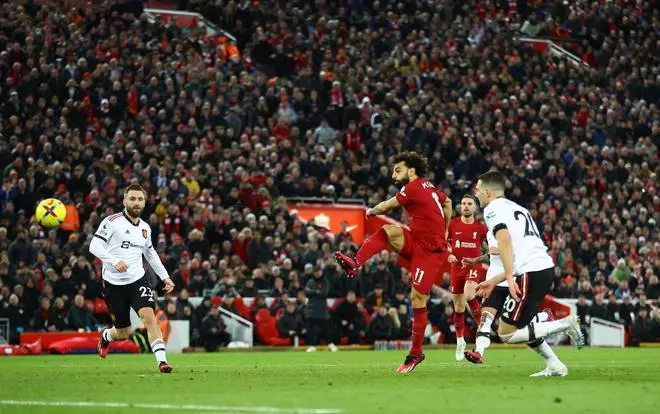 Liverpool’s Mohamed Salah scores their fourth goal
