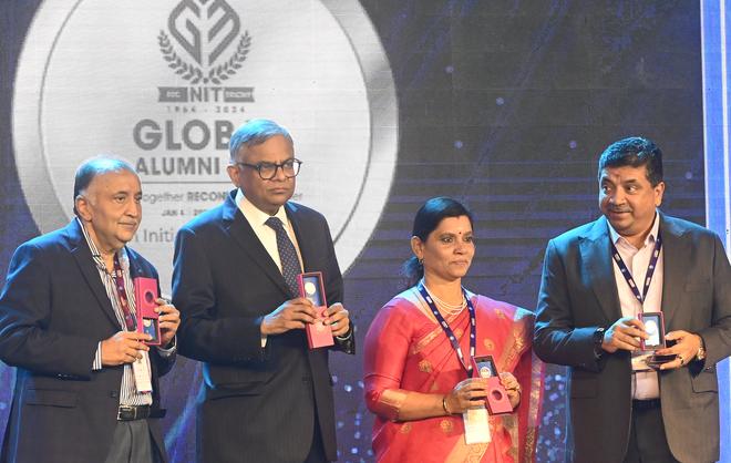 ( from left ) Mahalingam Krishnamurthy, President, RECAL; N. Chandrasekaran, Chairman, Tata Sons ; G. Aghila, Director, NIT Trichy and Palanivel Thiaga Rajan, TN Minister for Information Technology and Digital Services , at the Global Alumni Meet NIT Trichy GAM 2025, in Chennai on Saturday, January 4, 2025.
 