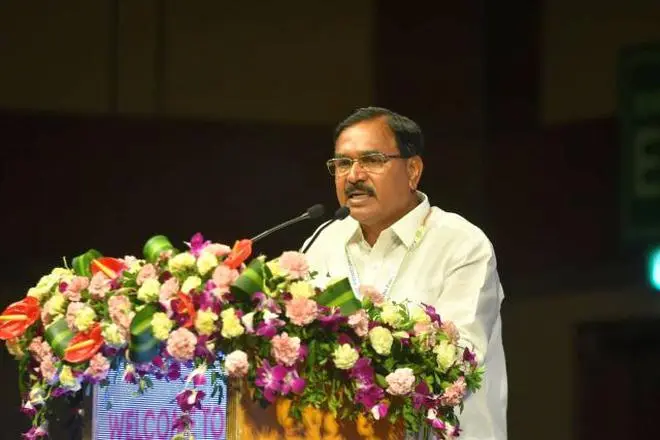 Singireddy Niranjan Reddy, Agriculture Minister, Government of Telangana delivering address at the inaugural plenary at the Food Conclave 2023 at Hyderabad. Photo: Nagara Gopal Singireddy Niranjan Reddy, Agriculture Minister, Government of Telangana delivering address at the inaugural plenary at the Food Conclave 2023 at Hyderabad. Photo: Nagara Gopal