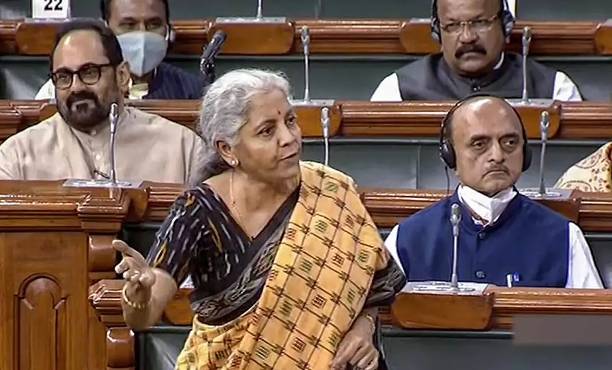 Union Finance Minister Nirmala Sitharaman speaks in the Lok Sabha during the second part of Budget Session of Parliament, in New Delhi, on Monday