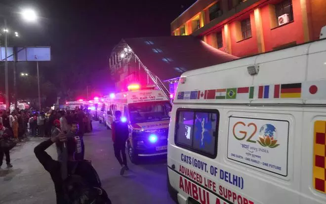   Ambulances outside the New Delhi railway station after a stampede-like situation occurred, Saturday, Feb. 15, 2025. ( 