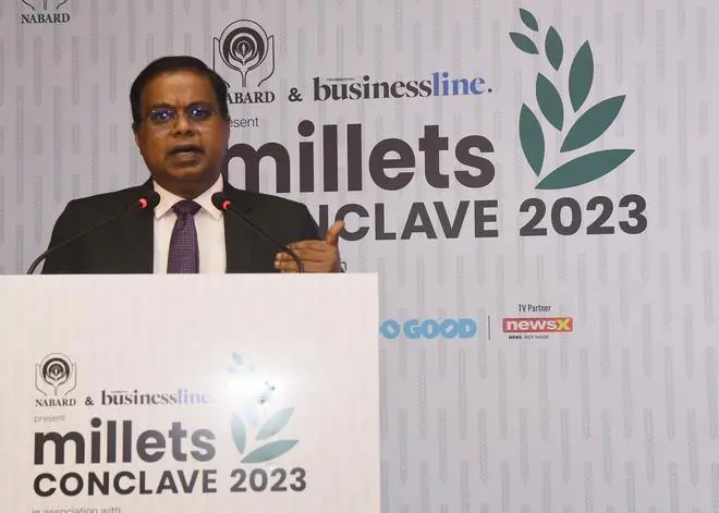 Shaji KV, Nabard Chairman, addressing the Millets Conclave 2023 in Hyderabad on Friday, September 15, 2023 Shaji KV, Nabard Chairman, addressing the Millets Conclave 2023 in Hyderabad on Friday, September 15, 2023