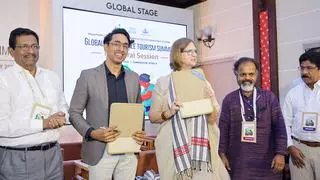 Kerala Tourism Director P.B. Nooh and UN Women India representative Susan Ferguson, after signing an MoU aiming at women empowerment in the State’s tourism. Others seen are Responsible Tourism Mission State coordinator K. Rupeshkumar, Kerala Travel Mart President Baby Mathew and State Tourism Advisory Council member Abraham George.