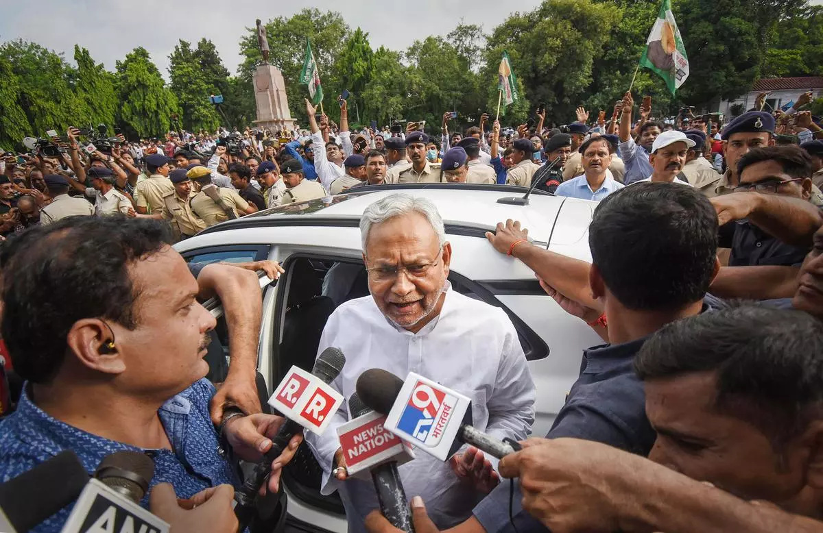 Patna: Janata Dal (United) leader Nitish Kumar interacts with the media after submitting his resignation to the Bihar Governor Phagu Chauhan, outside Raj Bhavan in Patna, Tuesday, Aug. 9, 2022. 