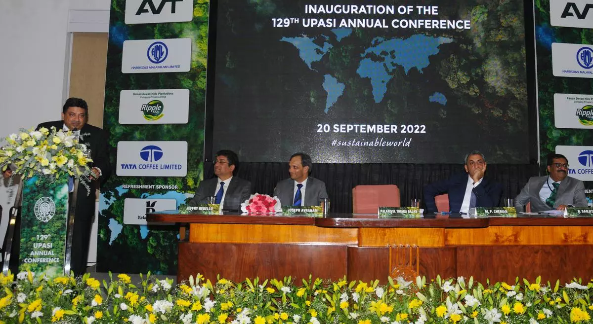 TN Minister for Finance, Planning and HRM, Palanivel Thiaga Rajan addressing the 129th UPASI Conference in Coonoor on Tuesday.  (L-R) Jeffry Rebello, Vice President UPASI, Joseph Avraham, Consul for Trade and Economic Affairs of Israel in Bengaluru, UPASI President M P Cherian and Secretary R Sanjith on the dais.  