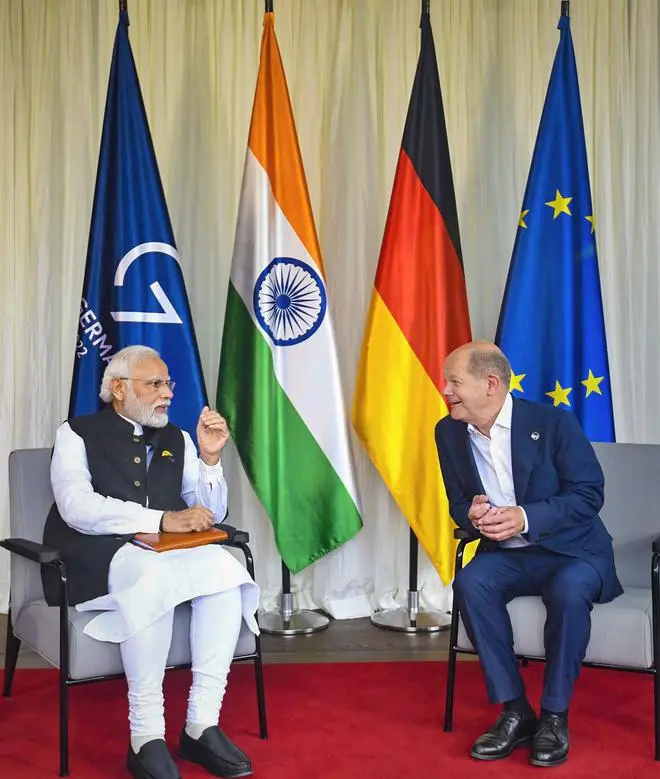 Prime Minister Narendra Modi interacts with Chancellor of Germany Olaf Scholz during a meeting on the sidelines of G7 Summit, in Germany Prime Minister Narendra Modi interacts with Chancellor of Germany Olaf Scholz during a meeting on the sidelines of G7 Summit, in Germany