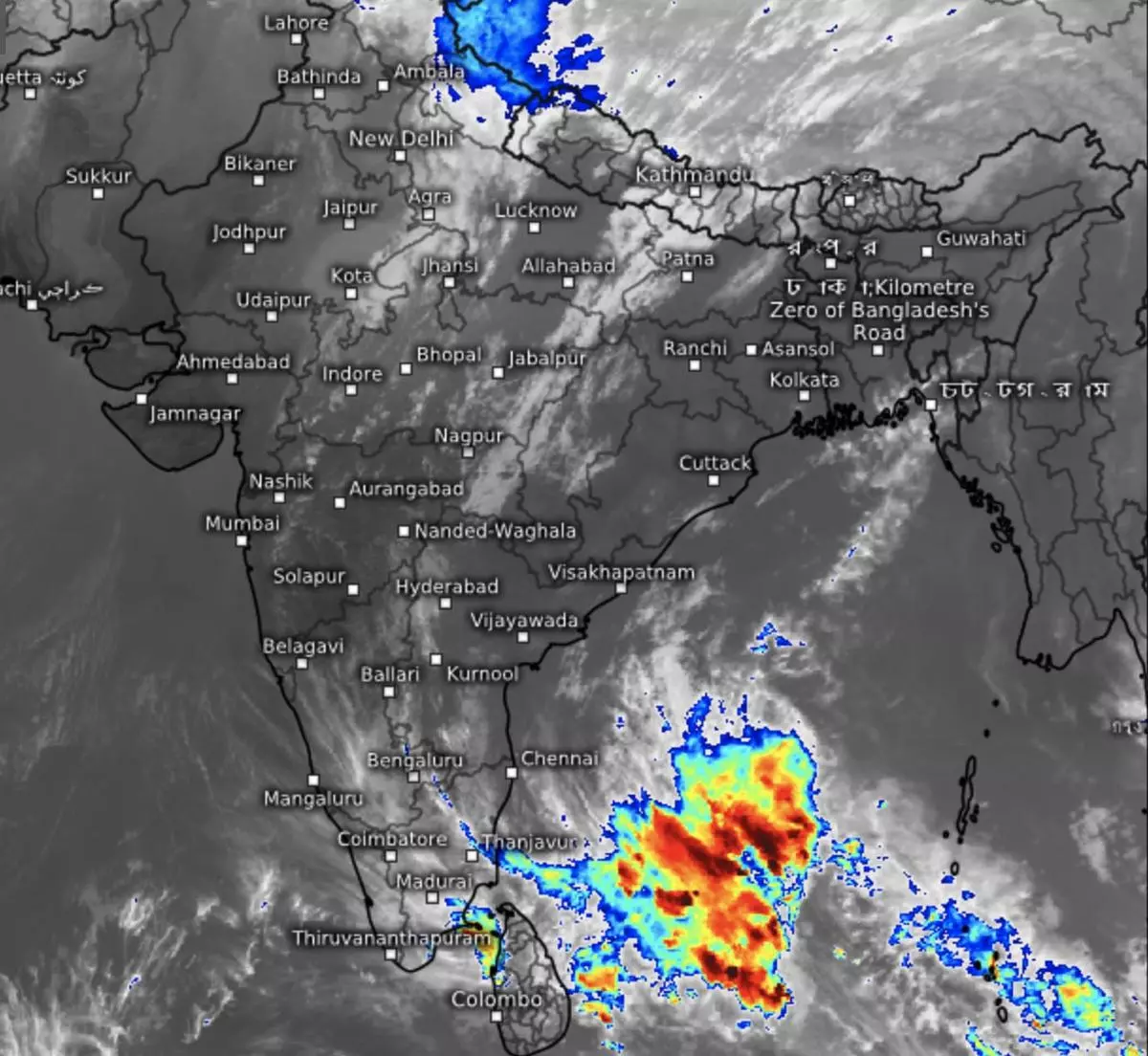 Thunderstorms from a depression over the South-West Bay of Bengal had sent in narrow rain bands between Cuddalore and Muthupet in Tamil Nadu on Monday evening. Heavy rain is forecast for parts of South Tamil Nadu for two days.