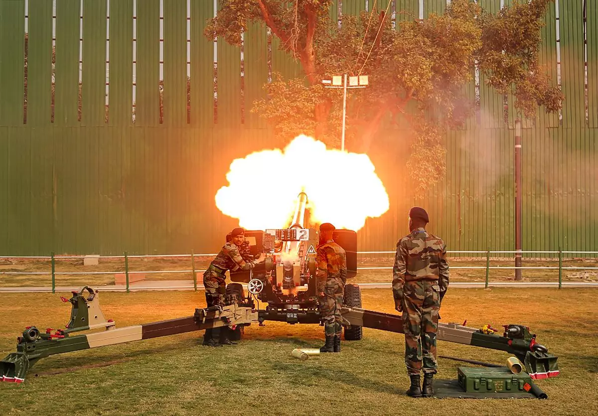 Gunners of the 8711 Field Battery (Ceremonial) present the traditional 21 Gun Salute by the indigenously made 105 mm Indian Field Guns on the occasion of the Republic Day, in New Delhi