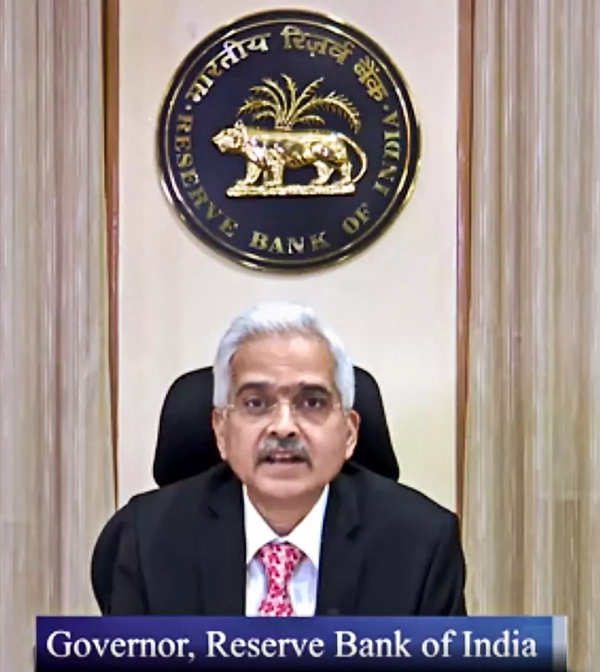 Reserve Bank of India Governor Shaktikanta Das digitally delivers a statement. 